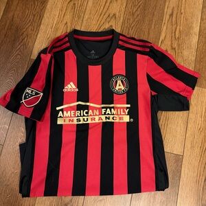 Adidas Atlanta United Men’s Red and Black Striped Soccer Jersey